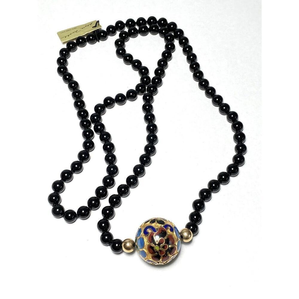 Alyce Firell New York City Vintage Necklace Knotted Black Onyx Cloisonn 35”